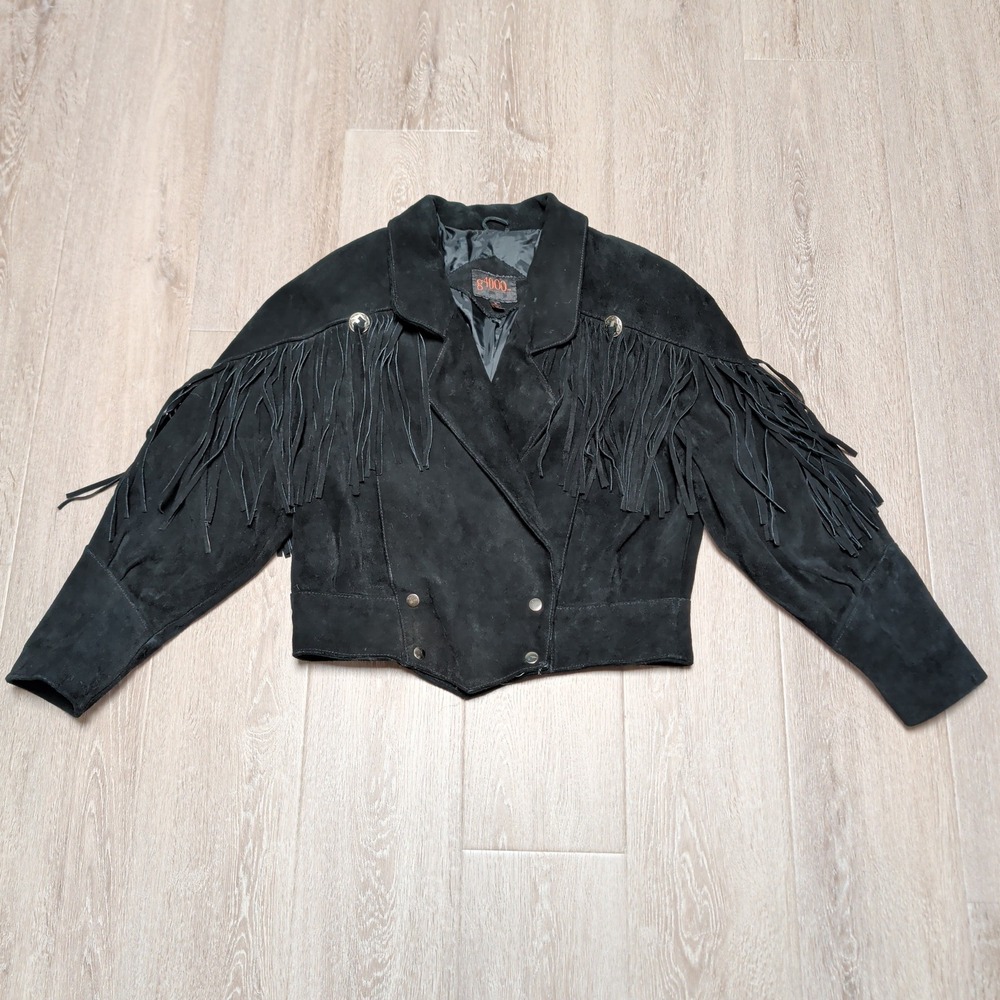 Vintage 90s g4000 Cropped Fringe Suede Leather Western Jacket Women Medium Black